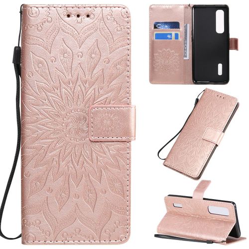 Saturcase Coque Pour Oppo Find X2 Pro, Fleur Du Soleil Gaufrage Pu Cuir Magnétique Flip Portefeuille Support Porte-Carte Protecteur Housse Étui Avec Dragonne (Or Rose)