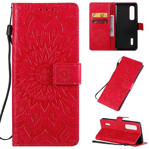 Saturcase Coque Pour Oppo Find X2 Pro, Fleur Du Soleil Gaufrage Pu Cuir Magnétique Flip Portefeuille Support Porte-Carte Protecteur Housse Étui Avec Dragonne (Rouge)