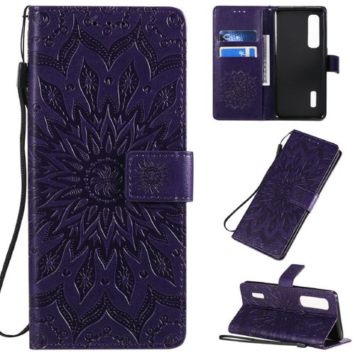 Saturcase Coque Pour Oppo Find X2 Pro, Fleur Du Soleil Gaufrage Pu Cuir Magnétique Flip Portefeuille Support Porte-Carte Protecteur Housse Étui Avec Dragonne (Violet)