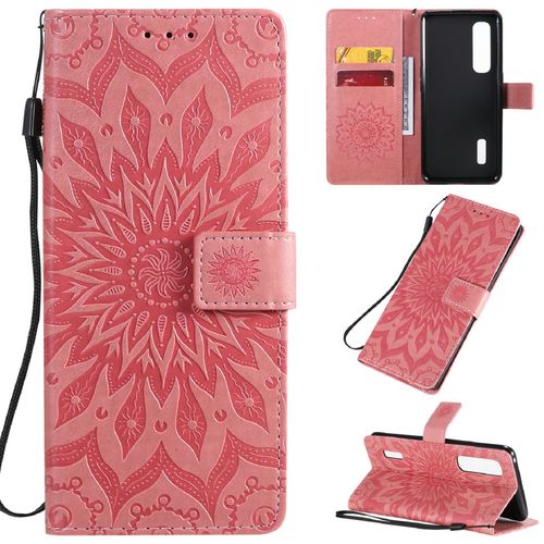 Saturcase Coque Pour Oppo Find X2 Pro, Fleur Du Soleil Gaufrage Pu Cuir Magnétique Flip Portefeuille Support Porte-Carte Protecteur Housse Étui Avec Dragonne (Pink)
