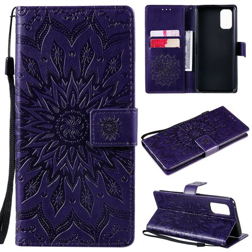 Saturcase Coque Pour Realme 7 Pro, Fleur Du Soleil Gaufrage Pu Cuir Magnétique Flip Portefeuille Support Porte-Carte Protecteur Housse Étui Avec Dragonne (Violet)