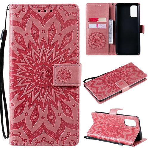 Saturcase Coque Pour Realme 7 Pro, Fleur Du Soleil Gaufrage Pu Cuir Magnétique Flip Portefeuille Support Porte-Carte Protecteur Housse Étui Avec Dragonne (Pink)