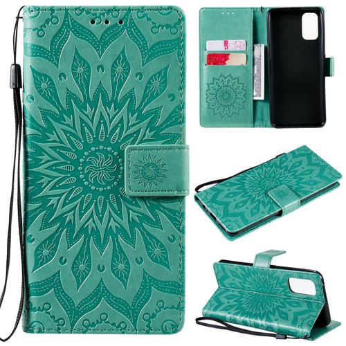 Saturcase Coque Pour Realme 7 Pro, Fleur Du Soleil Gaufrage Pu Cuir Magnétique Flip Portefeuille Support Porte-Carte Protecteur Housse Étui Avec Dragonne (Vert)