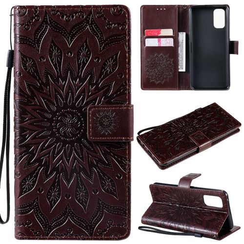 Saturcase Coque Pour Realme 7 Pro, Fleur Du Soleil Gaufrage Pu Cuir Magnétique Flip Portefeuille Support Porte-Carte Protecteur Housse Étui Avec Dragonne (Marron)