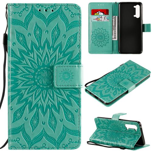 Saturcase Coque Pour Oppo Find X2 Lite, Fleur Du Soleil Gaufrage Pu Cuir Magnétique Flip Portefeuille Support Porte-Carte Protecteur Housse Étui Avec Dragonne (Vert)