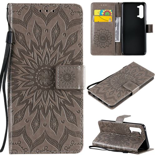 Saturcase Coque Pour Oppo Find X2 Lite, Fleur Du Soleil Gaufrage Pu Cuir Magnétique Flip Portefeuille Support Porte-Carte Protecteur Housse Étui Avec Dragonne (Gris)
