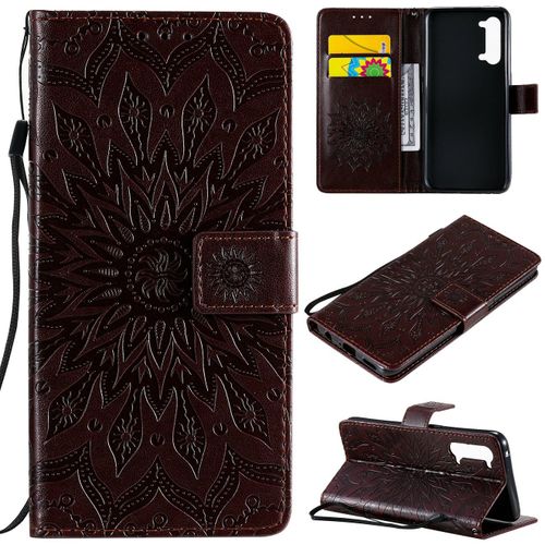 Saturcase Coque Pour Oppo Find X2 Lite, Fleur Du Soleil Gaufrage Pu Cuir Magnétique Flip Portefeuille Support Porte-Carte Protecteur Housse Étui Avec Dragonne (Marron)