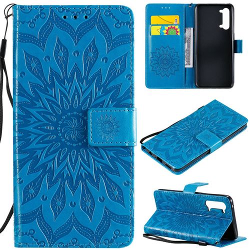 Saturcase Coque Pour Oppo Find X2 Lite, Fleur Du Soleil Gaufrage Pu Cuir Magnétique Flip Portefeuille Support Porte-Carte Protecteur Housse Étui Avec Dragonne (Bleu)