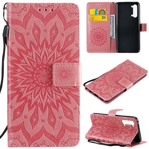 Saturcase Coque Pour Oppo Find X2 Lite, Fleur Du Soleil Gaufrage Pu Cuir Magnétique Flip Portefeuille Support Porte-Carte Protecteur Housse Étui Avec Dragonne (Pink)