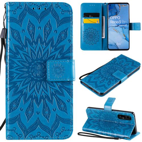 Saturcase Coque Pour Oppo Find X2 Neo, Fleur Du Soleil Gaufrage Pu Cuir Magnétique Flip Portefeuille Support Porte-Carte Protecteur Housse Étui Avec Dragonne (Bleu)