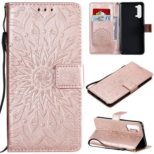 Saturcase Coque Pour Oppo Find X2 Lite, Fleur Du Soleil Gaufrage Pu Cuir Magnétique Flip Portefeuille Support Porte-Carte Protecteur Housse Étui Avec Dragonne (Or Rose)
