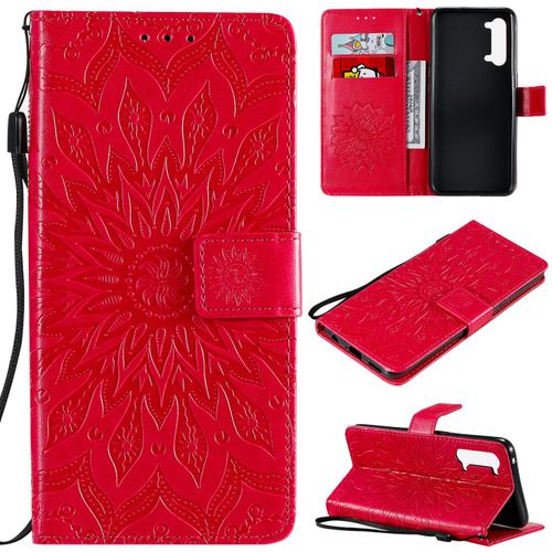 Saturcase Coque Pour Oppo Find X2 Lite, Fleur Du Soleil Gaufrage Pu Cuir Magnétique Flip Portefeuille Support Porte-Carte Protecteur Housse Étui Avec Dragonne (Rouge)