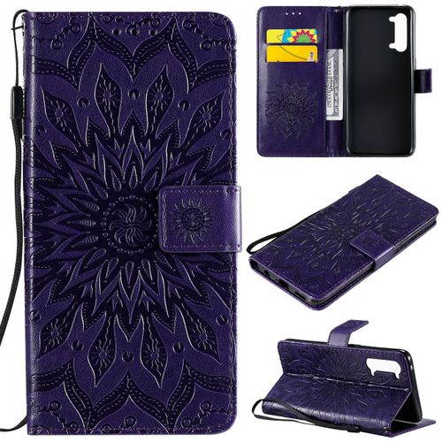 Saturcase Coque Pour Oppo Find X2 Lite, Fleur Du Soleil Gaufrage Pu Cuir Magnétique Flip Portefeuille Support Porte-Carte Protecteur Housse Étui Avec Dragonne (Violet)