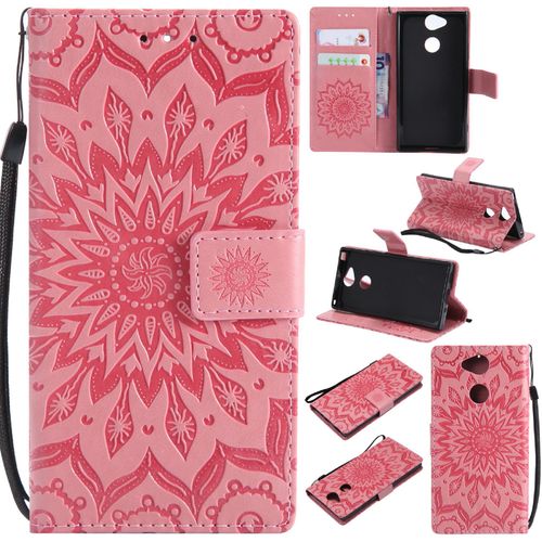 Saturcase Coque Pour Sony Xperia Xa2, Fleur Du Soleil Gaufrage Pu Cuir Magnétique Flip Portefeuille Support Porte-Carte Protecteur Housse Étui Avec Dragonne (Pink)