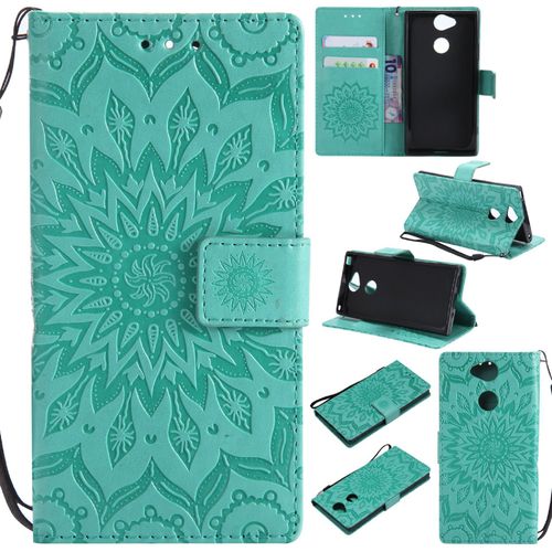 Saturcase Coque Pour Sony Xperia Xa2, Fleur Du Soleil Gaufrage Pu Cuir Magnétique Flip Portefeuille Support Porte-Carte Protecteur Housse Étui Avec Dragonne (Vert)