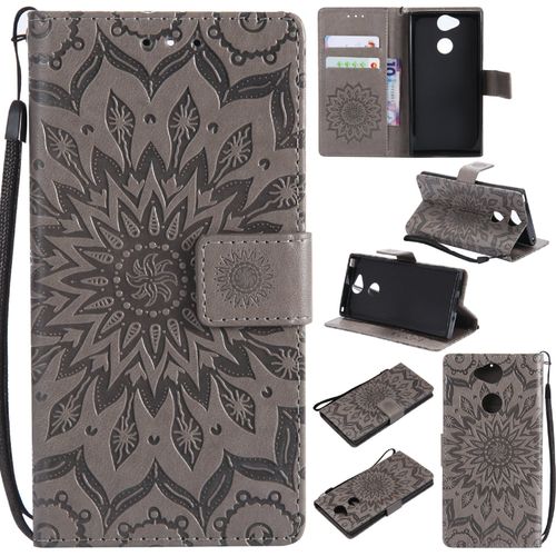 Saturcase Coque Pour Sony Xperia Xa2, Fleur Du Soleil Gaufrage Pu Cuir Magnétique Flip Portefeuille Support Porte-Carte Protecteur Housse Étui Avec Dragonne (Gris)
