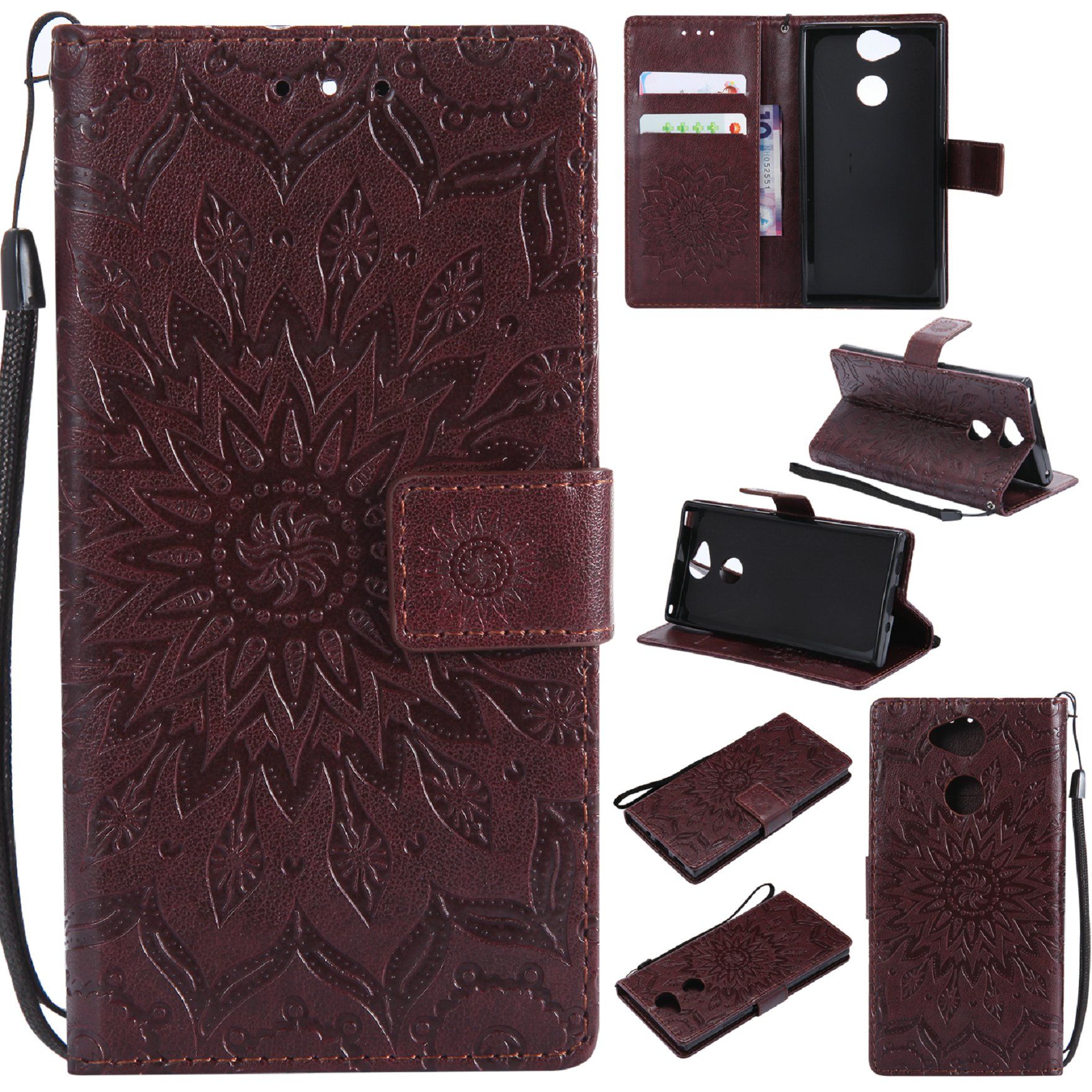Saturcase Coque Pour Sony Xperia Xa2, Fleur Du Soleil Gaufrage Pu Cuir Magnétique Flip Portefeuille Support Porte-Carte Protecteur Housse Étui Avec Dragonne (Marron)