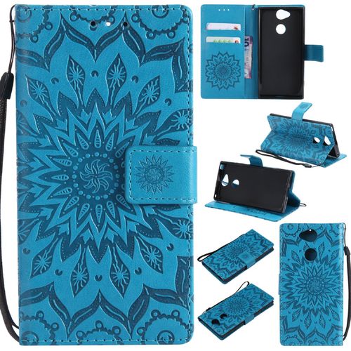 Saturcase Coque Pour Sony Xperia Xa2, Fleur Du Soleil Gaufrage Pu Cuir Magnétique Flip Portefeuille Support Porte-Carte Protecteur Housse Étui Avec Dragonne (Bleu)
