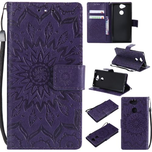 Saturcase Coque Pour Sony Xperia Xa2, Fleur Du Soleil Gaufrage Pu Cuir Magnétique Flip Portefeuille Support Porte-Carte Protecteur Housse Étui Avec Dragonne (Violet)
