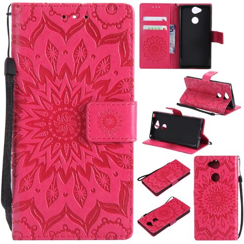 Saturcase Coque Pour Sony Xperia Xa2, Fleur Du Soleil Gaufrage Pu Cuir Magnétique Flip Portefeuille Support Porte-Carte Protecteur Housse Étui Avec Dragonne (Rouge)