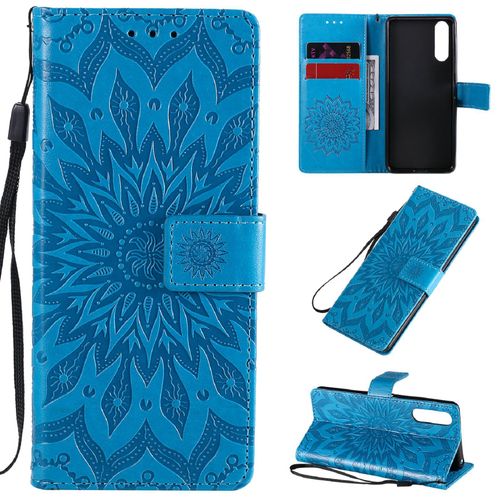 Saturcase Coque Pour Sony Xperia 10 Ii 2020, Fleur Du Soleil Gaufrage Pu Cuir Magnétique Flip Portefeuille Support Porte-Carte Protecteur Housse Étui Avec Dragonne (Bleu)