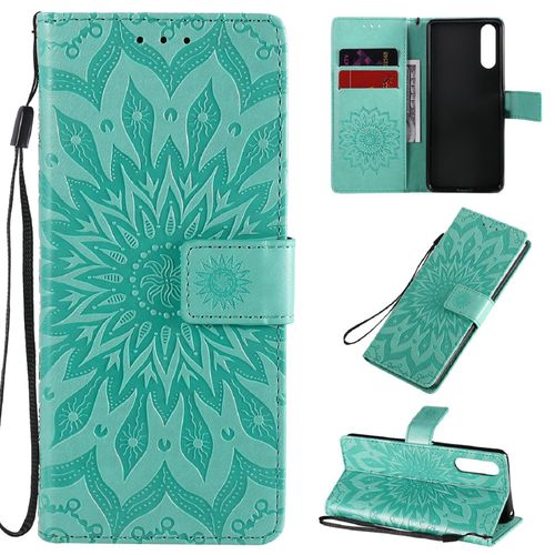 Saturcase Coque Pour Sony Xperia 10 Ii 2020, Fleur Du Soleil Gaufrage Pu Cuir Magnétique Flip Portefeuille Support Porte-Carte Protecteur Housse Étui Avec Dragonne (Vert)