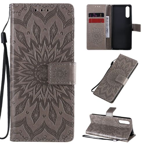 Saturcase Coque Pour Sony Xperia 10 Ii 2020, Fleur Du Soleil Gaufrage Pu Cuir Magnétique Flip Portefeuille Support Porte-Carte Protecteur Housse Étui Avec Dragonne (Gris)