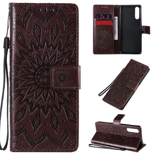 Saturcase Coque Pour Sony Xperia 10 Ii 2020, Fleur Du Soleil Gaufrage Pu Cuir Magnétique Flip Portefeuille Support Porte-Carte Protecteur Housse Étui Avec Dragonne (Marron)