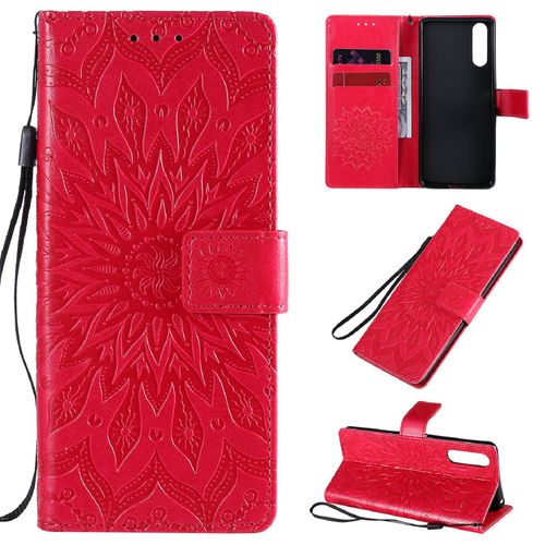 Saturcase Coque Pour Sony Xperia 10 Ii 2020, Fleur Du Soleil Gaufrage Pu Cuir Magnétique Flip Portefeuille Support Porte-Carte Protecteur Housse Étui Avec Dragonne (Rouge)