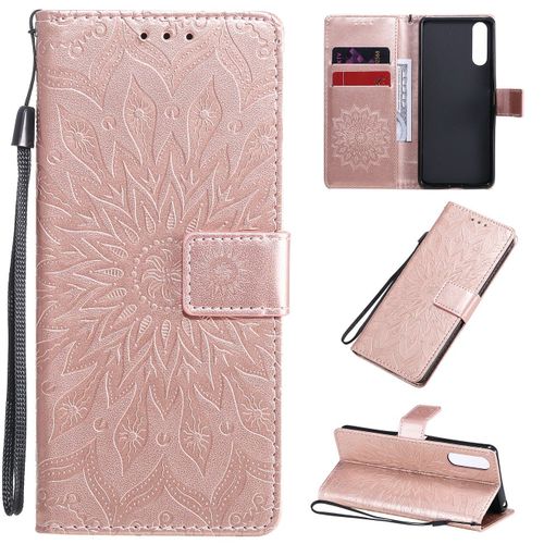 Saturcase Coque Pour Sony Xperia 10 Ii 2020, Fleur Du Soleil Gaufrage Pu Cuir Magnétique Flip Portefeuille Support Porte-Carte Protecteur Housse Étui Avec Dragonne (Or Rose)