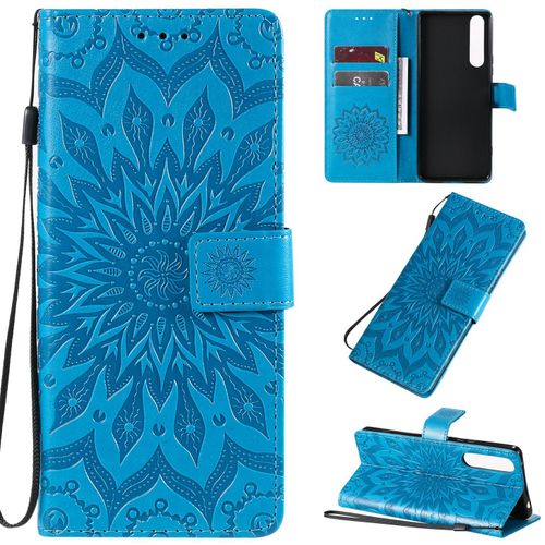 Saturcase Coque Pour Sony Xperia 1 Ii 2020, Fleur Du Soleil Gaufrage Pu Cuir Magnétique Flip Portefeuille Support Porte-Carte Protecteur Housse Étui Avec Dragonne (Bleu)