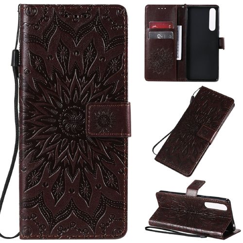 Saturcase Coque Pour Sony Xperia 1 Ii 2020, Fleur Du Soleil Gaufrage Pu Cuir Magnétique Flip Portefeuille Support Porte-Carte Protecteur Housse Étui Avec Dragonne (Marron)