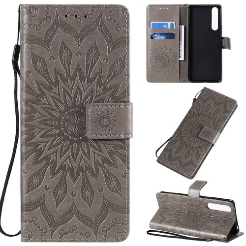 Saturcase Coque Pour Sony Xperia 1 Ii 2020, Fleur Du Soleil Gaufrage Pu Cuir Magnétique Flip Portefeuille Support Porte-Carte Protecteur Housse Étui Avec Dragonne (Gris)