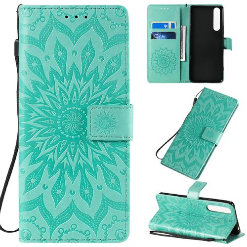 Saturcase Coque Pour Sony Xperia 1 Ii 2020, Fleur Du Soleil Gaufrage Pu Cuir Magnétique Flip Portefeuille Support Porte-Carte Protecteur Housse Étui Avec Dragonne (Vert)