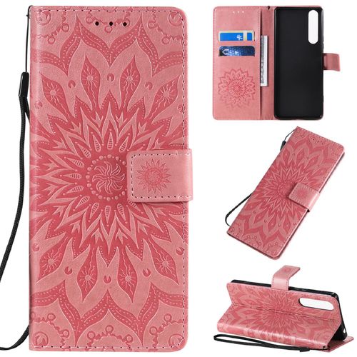 Saturcase Coque Pour Sony Xperia 1 Ii 2020, Fleur Du Soleil Gaufrage Pu Cuir Magnétique Flip Portefeuille Support Porte-Carte Protecteur Housse Étui Avec Dragonne (Pink)