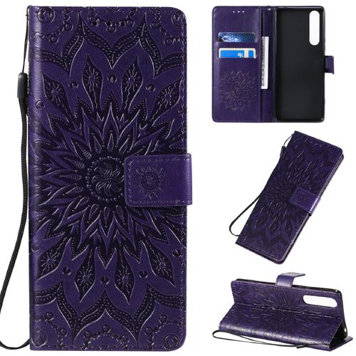 Saturcase Coque Pour Sony Xperia 1 Ii 2020, Fleur Du Soleil Gaufrage Pu Cuir Magnétique Flip Portefeuille Support Porte-Carte Protecteur Housse Étui Avec Dragonne (Violet)
