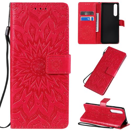 Saturcase Coque Pour Sony Xperia 1 Ii 2020, Fleur Du Soleil Gaufrage Pu Cuir Magnétique Flip Portefeuille Support Porte-Carte Protecteur Housse Étui Avec Dragonne (Rouge)