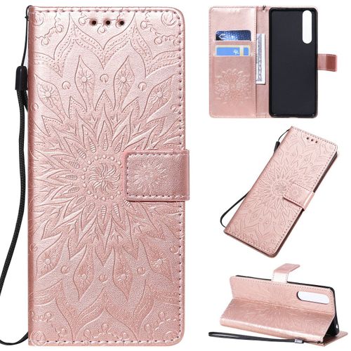 Saturcase Coque Pour Sony Xperia 1 Ii 2020, Fleur Du Soleil Gaufrage Pu Cuir Magnétique Flip Portefeuille Support Porte-Carte Protecteur Housse Étui Avec Dragonne (Or Rose)