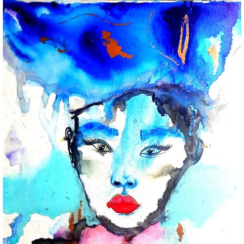 Portrait Femme Ethnique Boho Aquarelle Bleu Art Mural Modern Art Contemporain Féminin Lips Art Naïf Brut Japan Expressionnisme Émotion Romantique