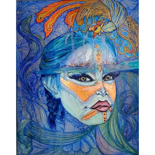 Portrait Femme Masque Ethnique Bleu Oiseaux Ph?Nix Art Brut Naïf Surréaliste Expressionnisme Outsider Lips Émotion Art Mural Modern Contemporain Japan Visage Femme Girl