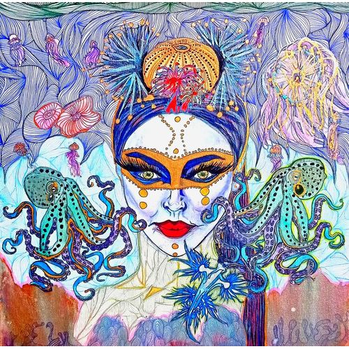 Portrait Marin Océan Vie Marine Art Côtier Surf Beach Bleu Art Féminin Peinture Divinité Téthus Zeus Japan Octopus Pieuvre Mer Eau Art Brut Naïf Art Surreal Art Mural Modern Contemporain Mythologie