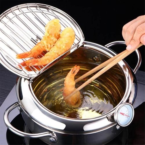 Friteuse Japonaise Avec Thermomètre Et Couvercle, En Acier Inoxydable 304, Dimensions 20/24 Cm, Poêle À Frire, Idéal Pour Faire Des Tempuras, Accessoire De Cuisine