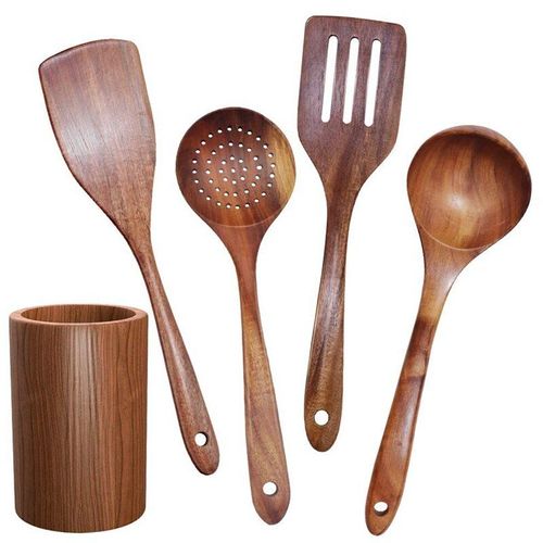 Vaisselle En Bois, Service De Table De Cuisine En Teck Avec Support, Adapté Aux Ustensiles De Cuisine Antiadhésifs, Pelle En Bois Cuillère De Cuisson 5 Pièces