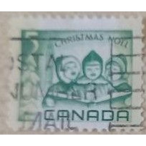 Timbre Oblitéré Canadien Vert, Christmas Noël, 5, Trois Enfants Emmitouflés, Côte À Côte.
