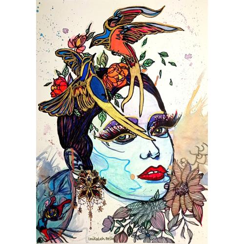 Portrait Féminin Art Déco Art Mural Modern Contemporain Art Naïf Brut Outsider Japan Style Vintage Tatouage Pin Up Art Animalier Oiseaux Ornements Peinture Romantique