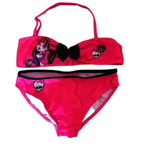 Maillot De Bain 2 Pièces - Bikini Noeud Noir - Enfant Fille Monster High Rose Fluo Et Noir À L'effigie De Draculaura Et Logo Tête De Mort 7/10 Ans