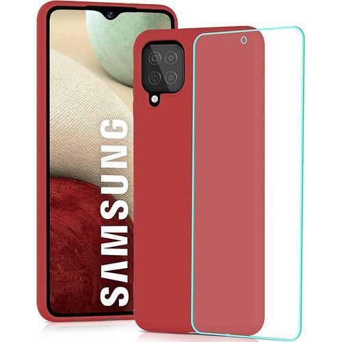 Compatible Avec Coque Samsung A12 Case 6,5'' + 1 Verre Trempé, Toucher Confortable, Doublé De Microfibre, Rouge Camélia