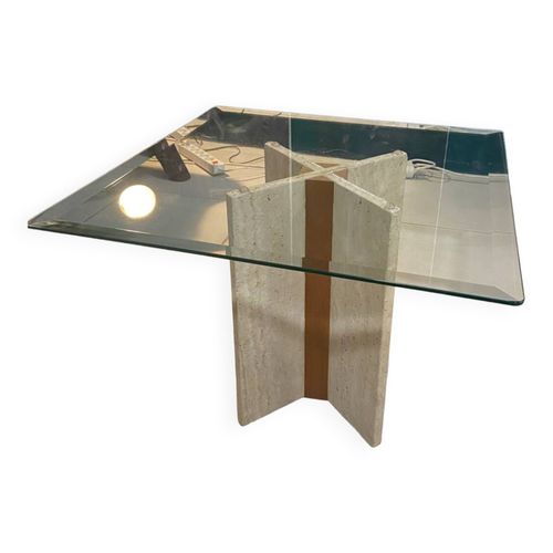 Table Travertin Et Verre Biseaut Design Italien Annee 70 Beige