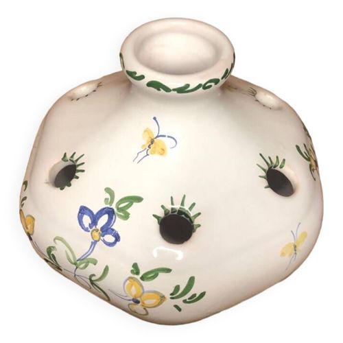 Ancien vase pique fleurs moustiers cramique blanche peinte vintage multicolore