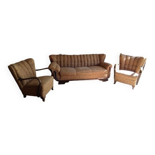 Ensemble Canap 3 Places Et Deux Fauteuils Style Scandinave Des Annes 50 Marron